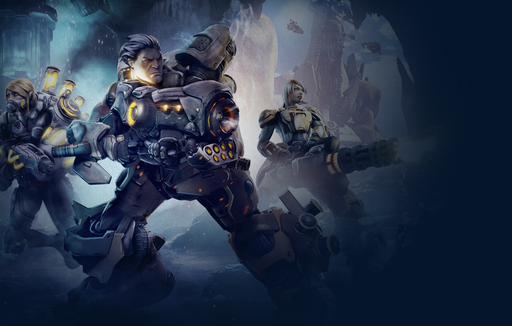 Launch key art showing battleframe pilots
