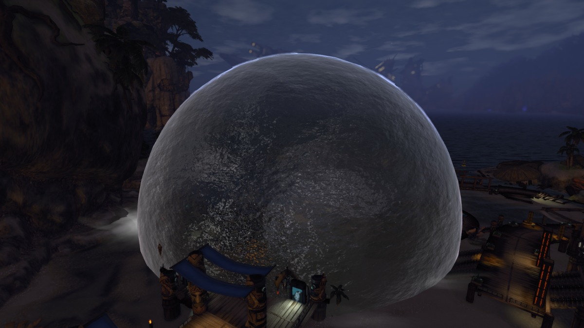 Night screenshot of a Melding repulsor dome over a beach settlement