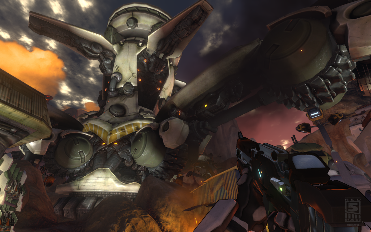 Early Firefall first-person screenshot with a huge Thumper