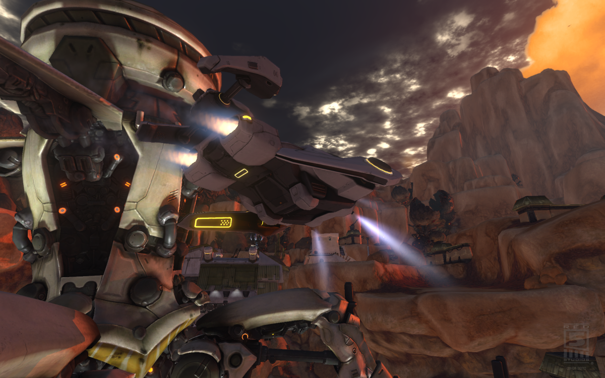 Early Firefall screenshot of a thumper and a dropship over desert cliffs