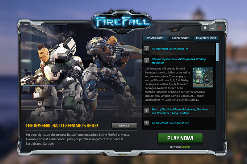 The Firefall launcher in July 2013, announcing the Arsenal battleframe and the VIP program