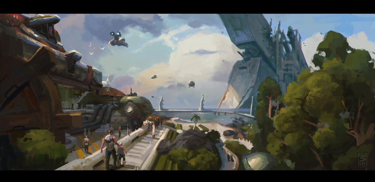 Painted concept art of Copacabana with the crashed Arclight