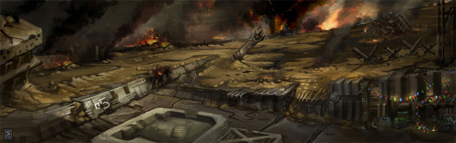Painting of a burning landing field with wrecked vehicles