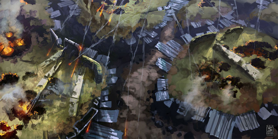 Painting of burning circular settlements seen from the air