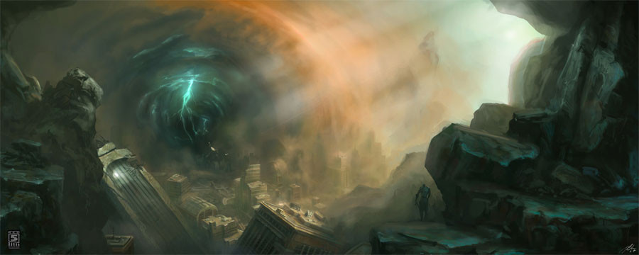 Painting of a glowing green impact in a storm above a ruined coast