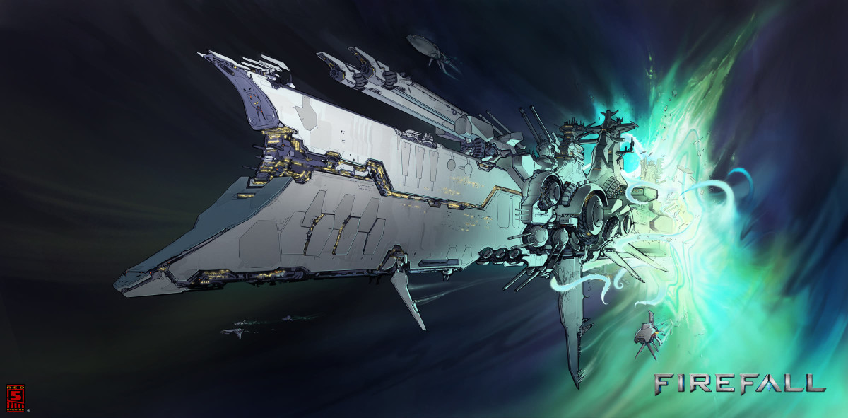 Concept art of the starship Arclight flying into a bright green rift in space