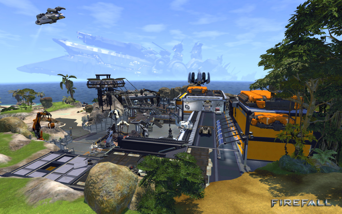 Screenshot of a research base on the coast with the wreck of the Arclight on the horizon
