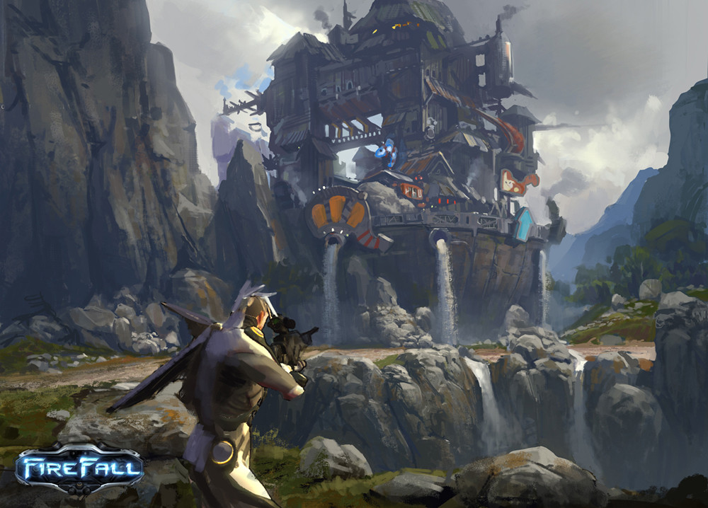 Concept art of Shanty Town, a stack of huts built into a cliff with waterfalls
