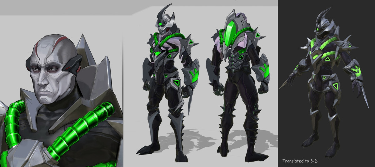 Concept sheet of a pale Chosen warrior in black armor with glowing green tubes, shown from several sides
