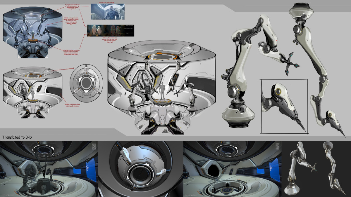 Concept sheet of a battleframe assembly room with robot arms