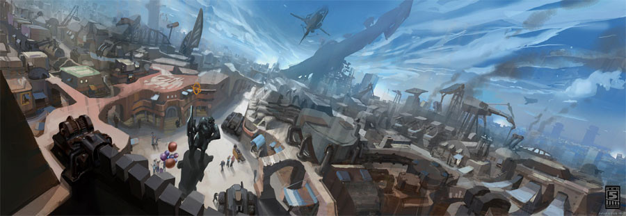 Painting of a crowded city square below a sky full of ships, with a figure in a battleframe on a rooftop