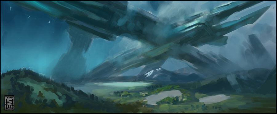 Painting of a huge angular structure hanging in a teal sky above green hills