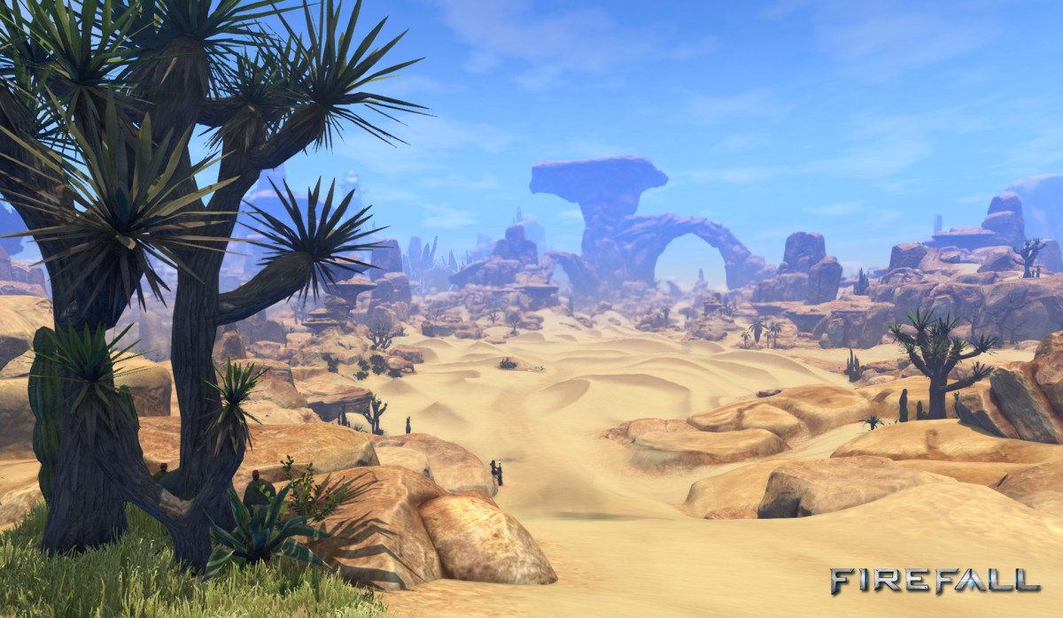 Screenshot of the desert of Sertao with sand dunes and a rock arch in the distance