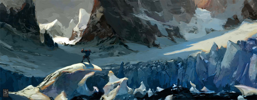 Painting of a lone figure on an ice shelf in front of snowed in mountains