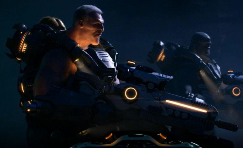 Rendering of two soldiers in dark battleframes with orange lights