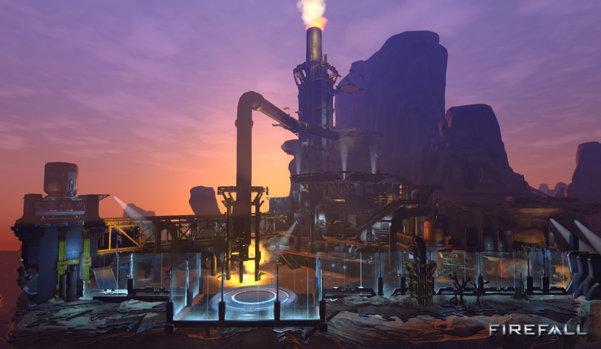 Screenshot of an industrial plant with a burning chimney in front of red rocks at dusk