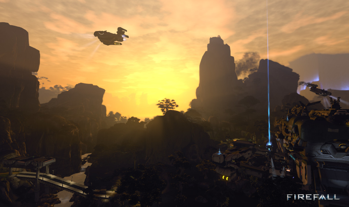 Screenshot of Trans Hub at sunset, with a dropship above rock formations