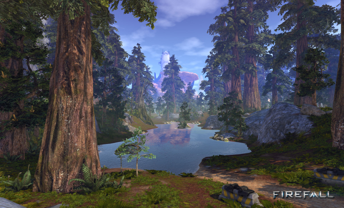 Screenshot of a redwood forest around a small lake