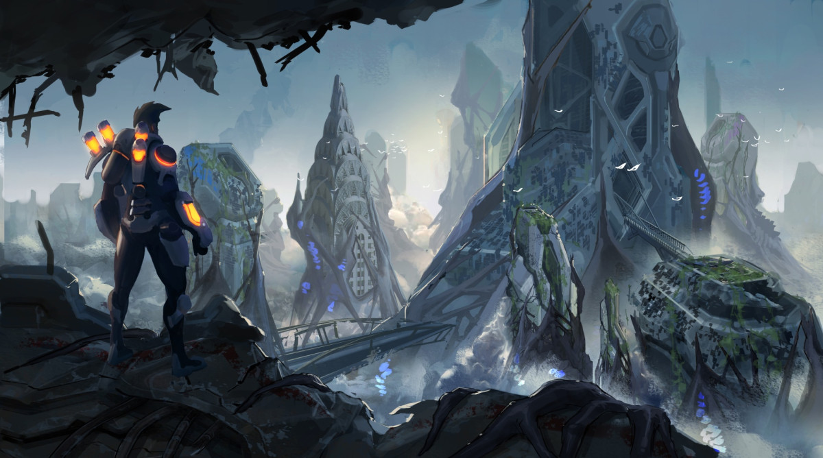 Concept art of a ruined city with a lone figure in a battleframe looking at overgrown towers