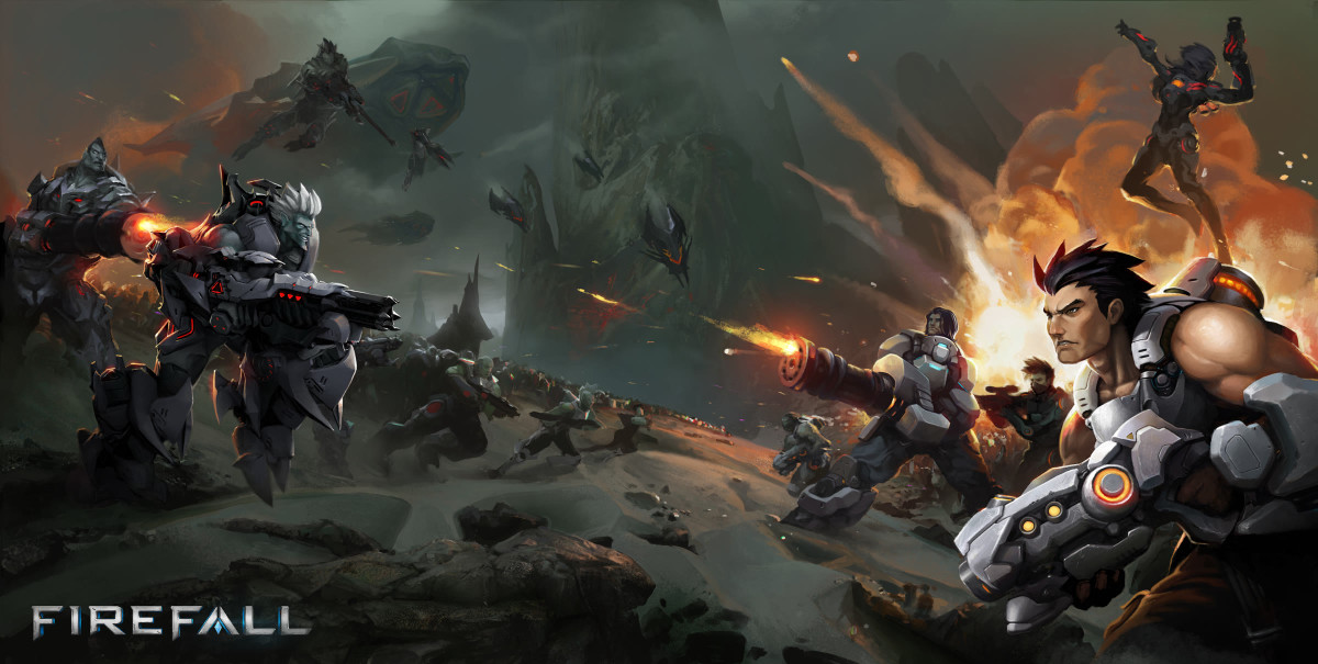 Painting of Accord soldiers in battleframes fighting Chosen on a dark battlefield with explosions