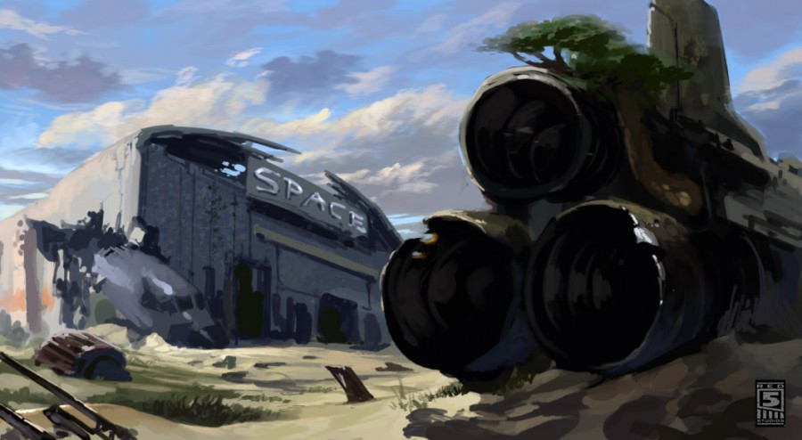 Painting of a ruined hangar with the word SPACE on it, next to overgrown rocket engines