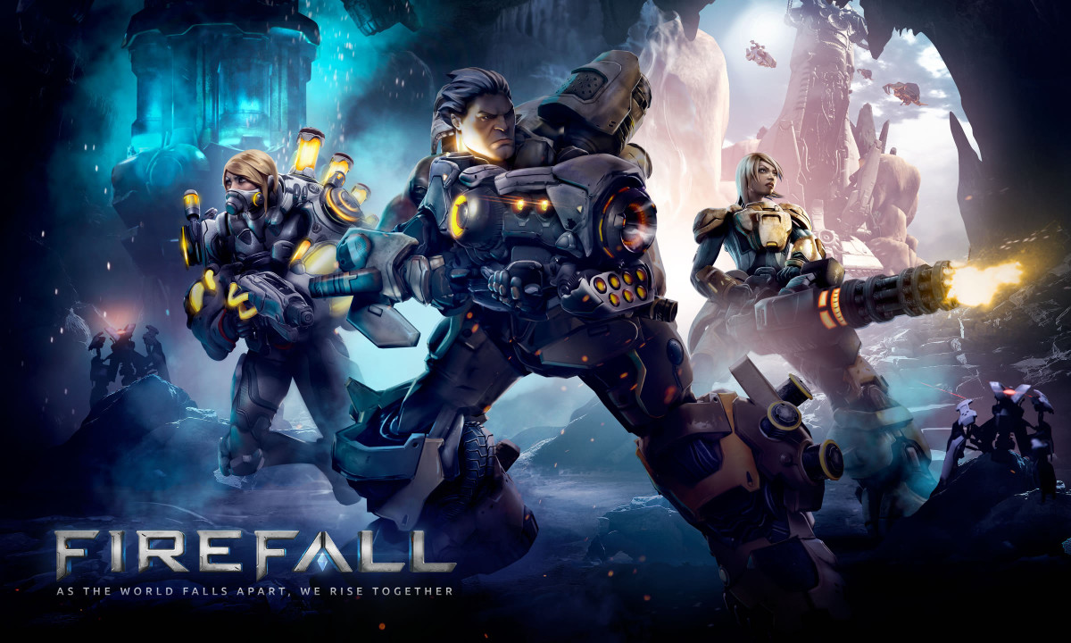 Key art of three ARES pilots in battleframes firing their weapons in front of an icy landscape